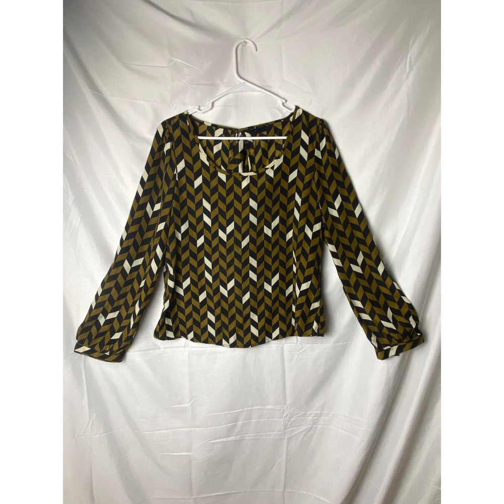Edge Geometric Print Long Sleeve Blouse Women's Size L Ruffle Front Detail